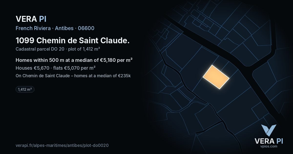 1099 Chemin de Saint Claude, Antibes at night – the plot lit, the parcels around coloured by the prices near them