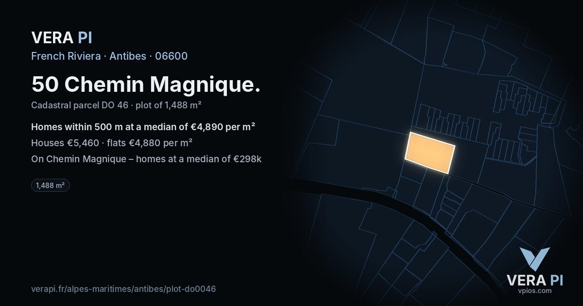 50 Chemin Magnique, Antibes at night – the plot lit, the parcels around coloured by the prices near them