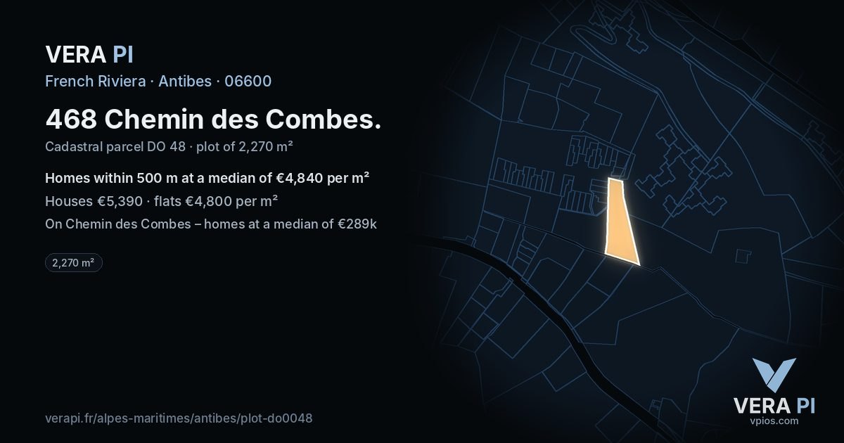 468 Chemin des Combes, Antibes at night – the plot lit, the parcels around coloured by the prices near them