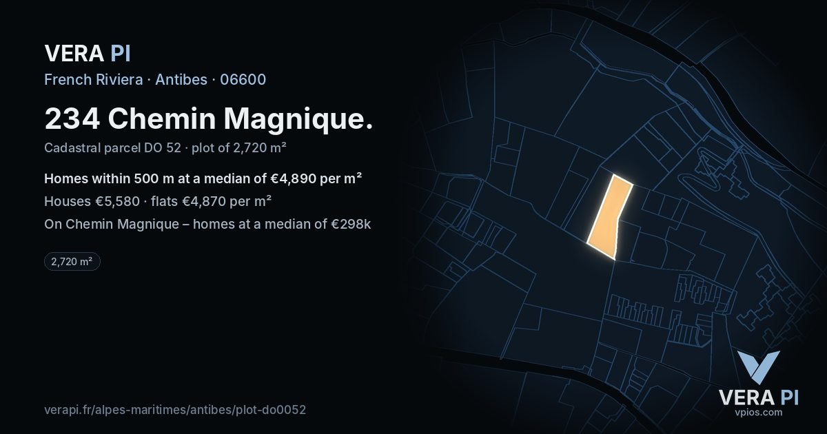 234 Chemin Magnique, Antibes at night – the plot lit, the parcels around coloured by the prices near them