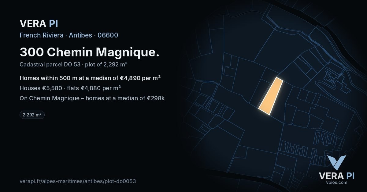 300 Chemin Magnique, Antibes at night – the plot lit, the parcels around coloured by the prices near them