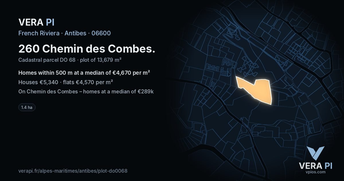 260 Chemin des Combes, Antibes at night – the plot lit, the parcels around coloured by the prices near them
