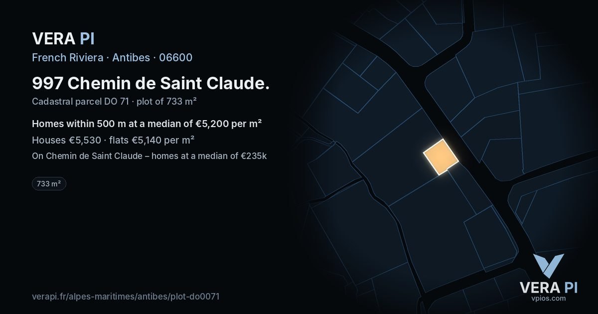 997 Chemin de Saint Claude, Antibes at night – the plot lit, the parcels around coloured by the prices near them
