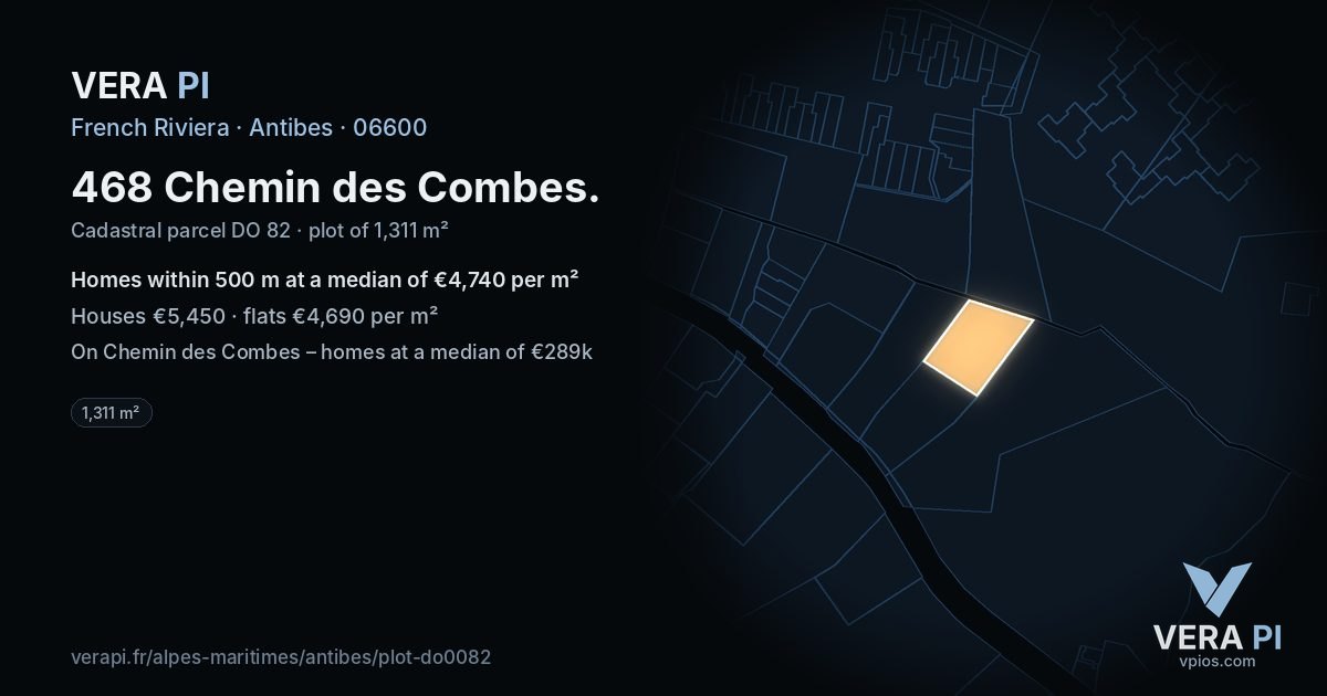 468 Chemin des Combes, Antibes at night – the plot lit, the parcels around coloured by the prices near them