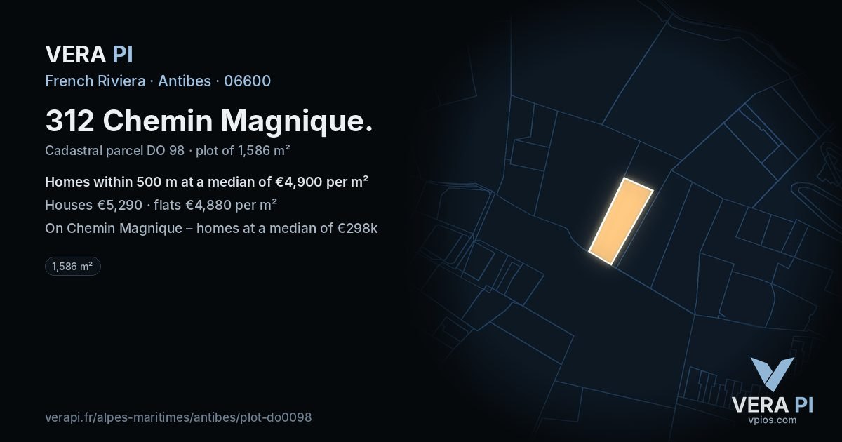 312 Chemin Magnique, Antibes at night – the plot lit, the parcels around coloured by the prices near them