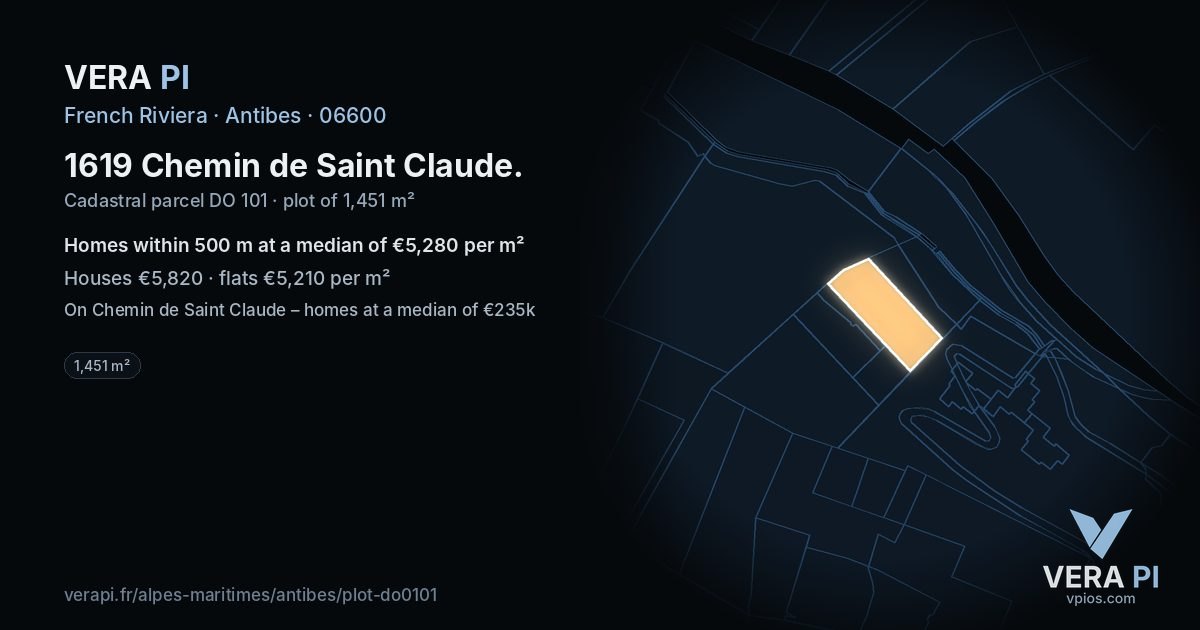 1619 Chemin de Saint Claude, Antibes at night – the plot lit, the parcels around coloured by the prices near them