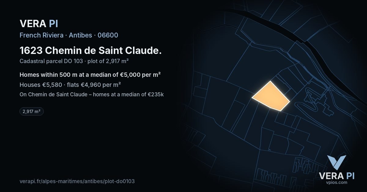 1623 Chemin de Saint Claude, Antibes at night – the plot lit, the parcels around coloured by the prices near them