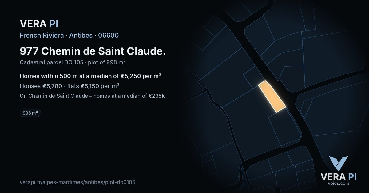 977 Chemin de Saint Claude, Antibes at night – the plot lit, the parcels around coloured by the prices near them