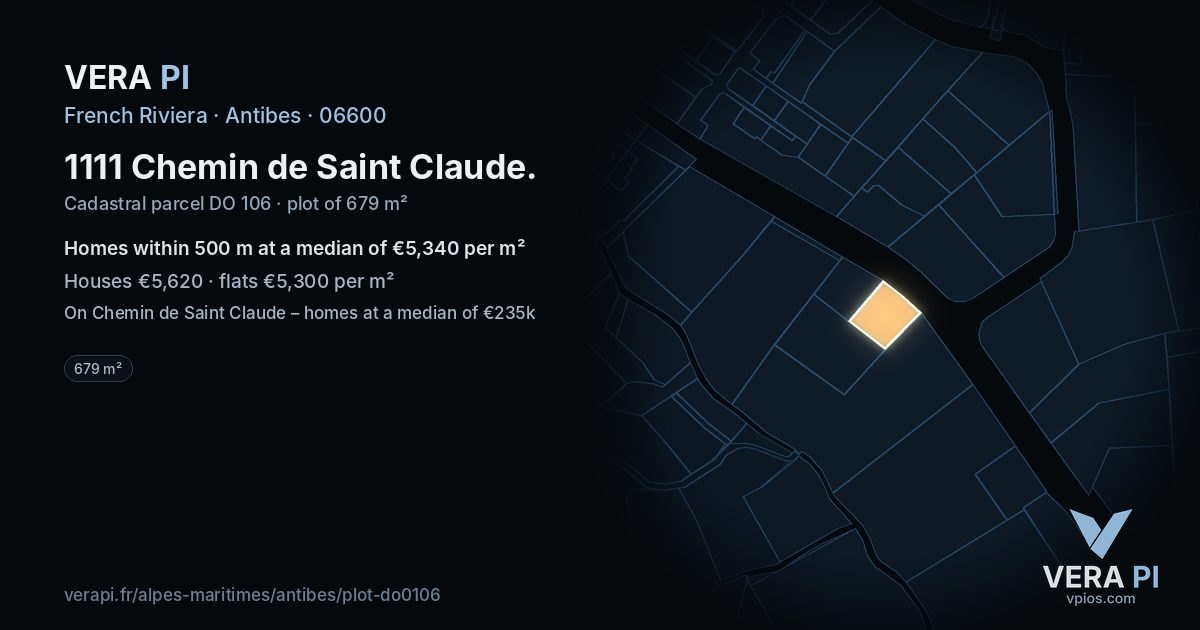 1111 Chemin de Saint Claude, Antibes at night – the plot lit, the parcels around coloured by the prices near them