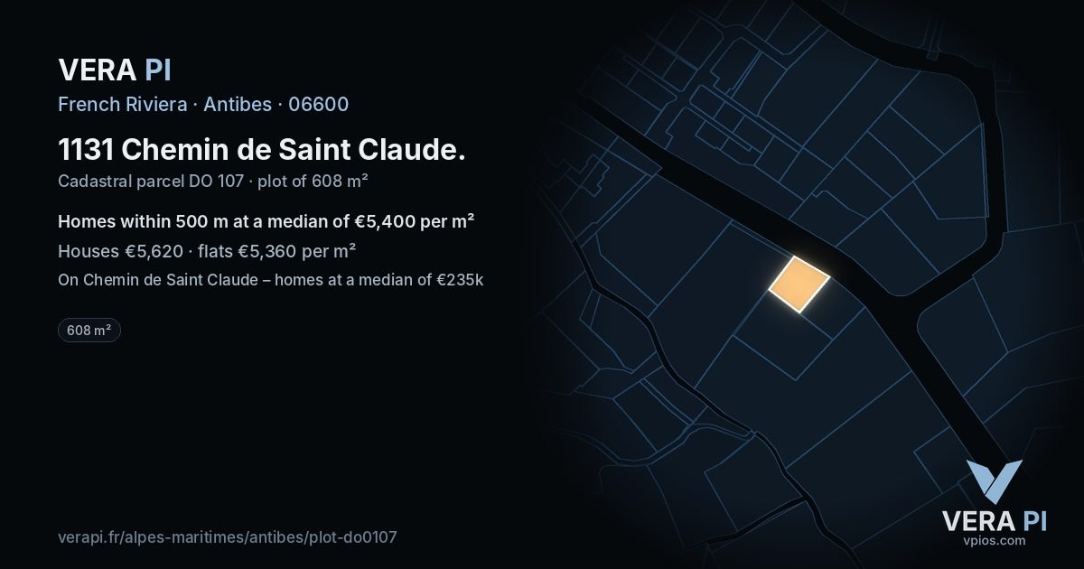 1131 Chemin de Saint Claude, Antibes at night – the plot lit, the parcels around coloured by the prices near them