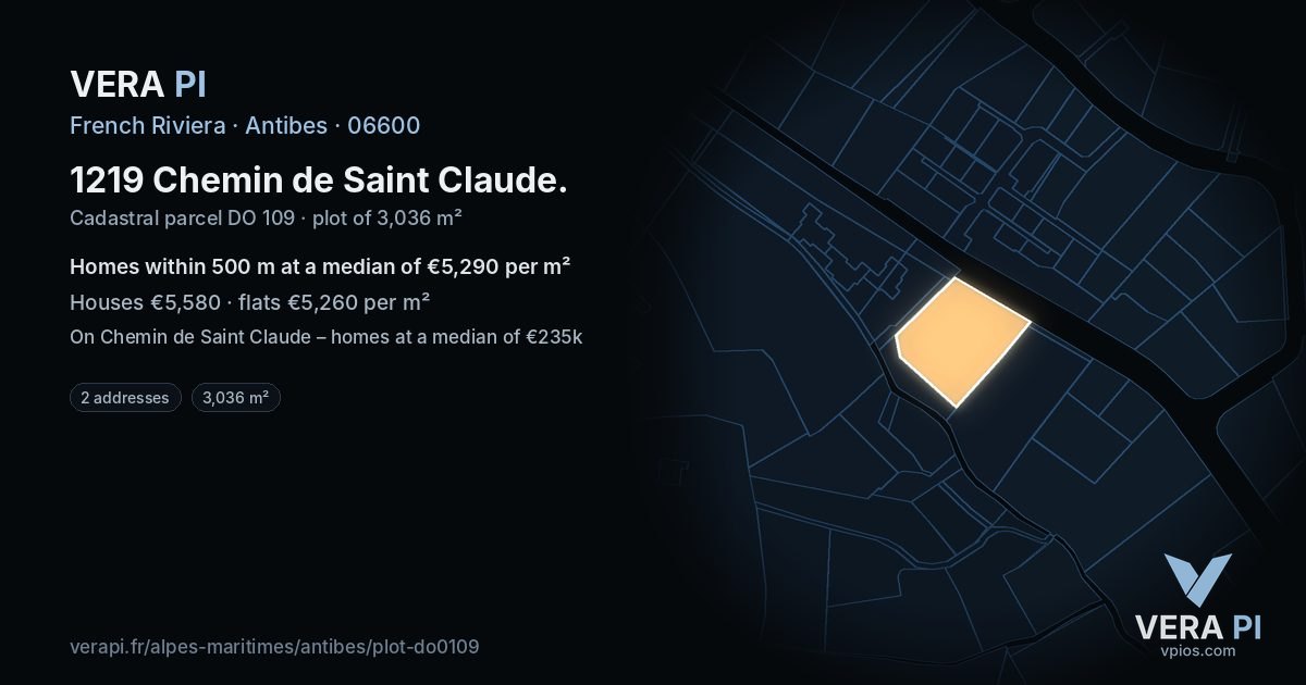 1219 Chemin de Saint Claude, Antibes at night – the plot lit, the parcels around coloured by the prices near them