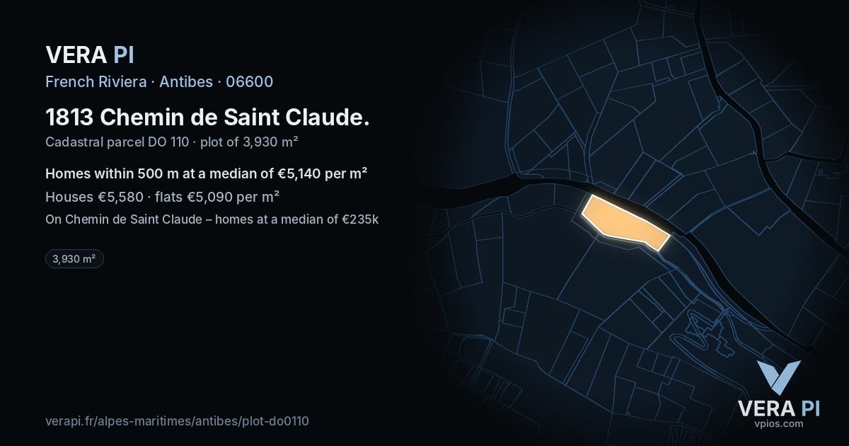 1813 Chemin de Saint Claude, Antibes at night – the plot lit, the parcels around coloured by the prices near them