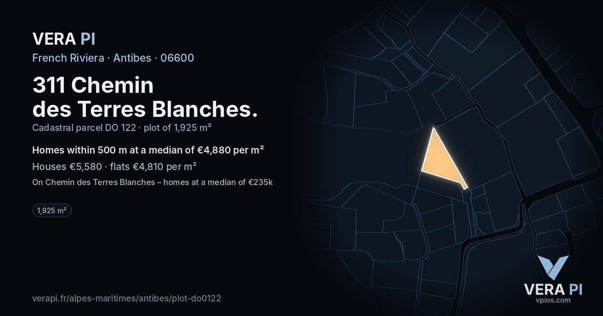 311 Chemin des Terres Blanches, Antibes at night – the plot lit, the parcels around coloured by the prices near them