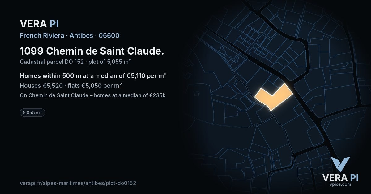 1099 Chemin de Saint Claude, Antibes at night – the plot lit, the parcels around coloured by the prices near them