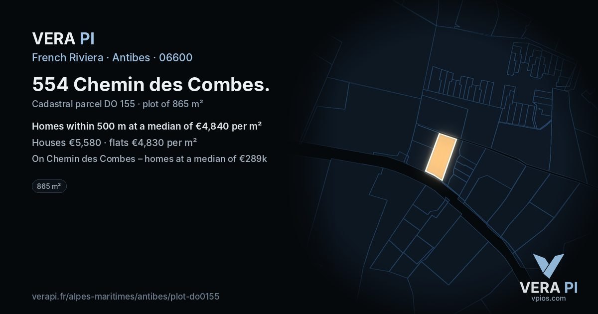 554 Chemin des Combes, Antibes at night – the plot lit, the parcels around coloured by the prices near them