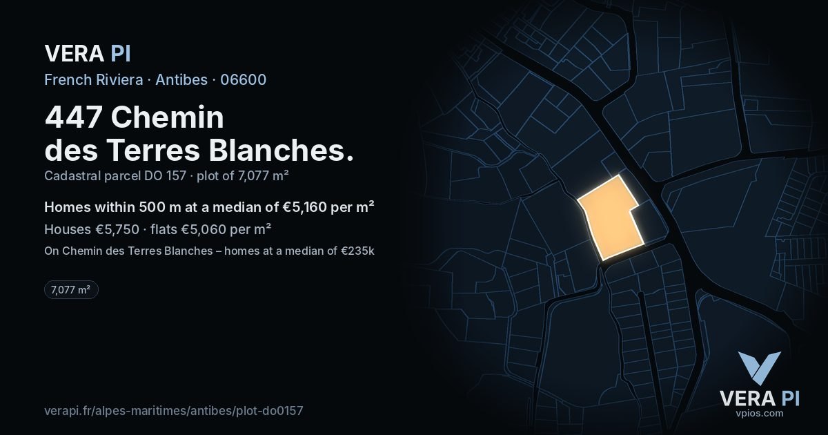 447 Chemin des Terres Blanches, Antibes at night – the plot lit, the parcels around coloured by the prices near them