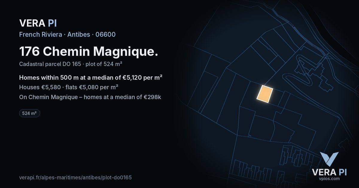 176 Chemin Magnique, Antibes at night – the plot lit, the parcels around coloured by the prices near them