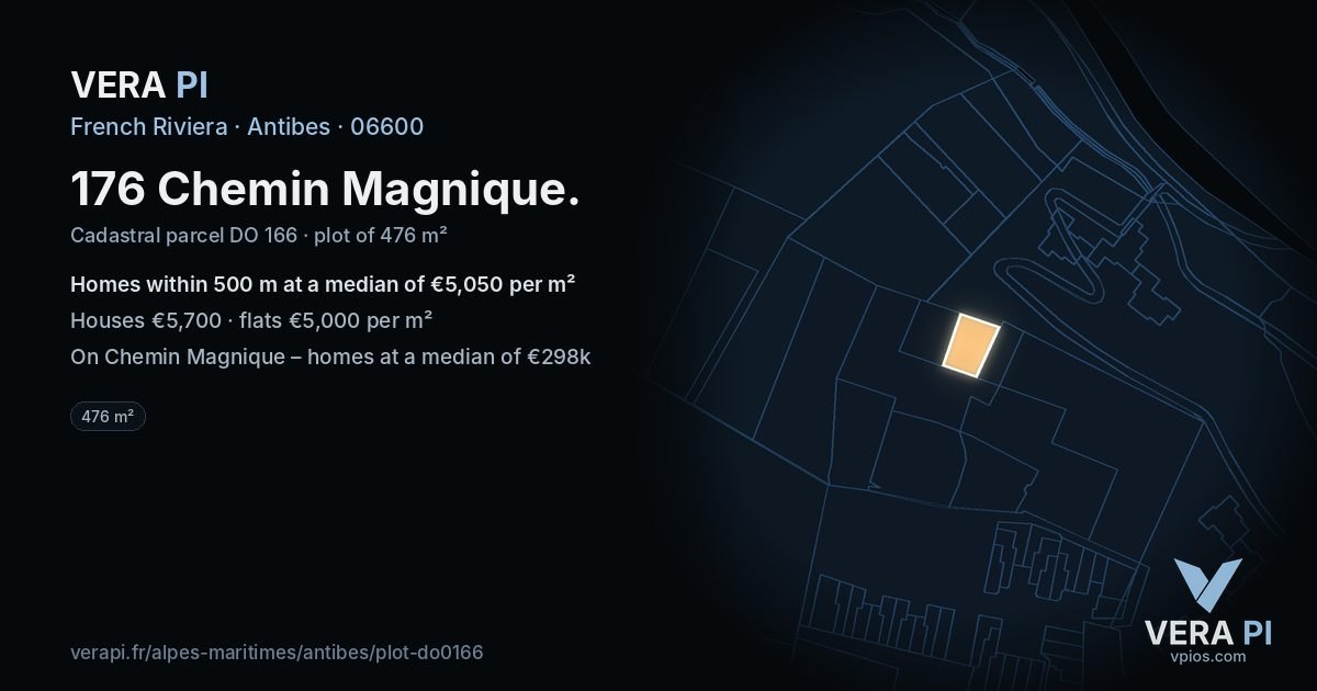 176 Chemin Magnique, Antibes at night – the plot lit, the parcels around coloured by the prices near them