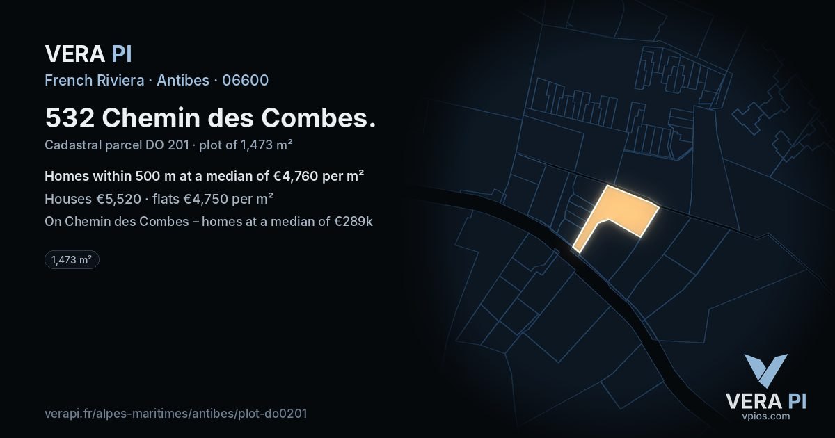 532 Chemin des Combes, Antibes at night – the plot lit, the parcels around coloured by the prices near them