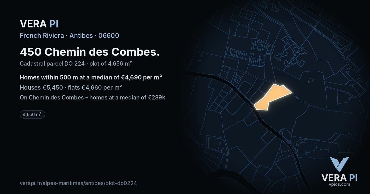 450 Chemin des Combes, Antibes at night – the plot lit, the parcels around coloured by the prices near them