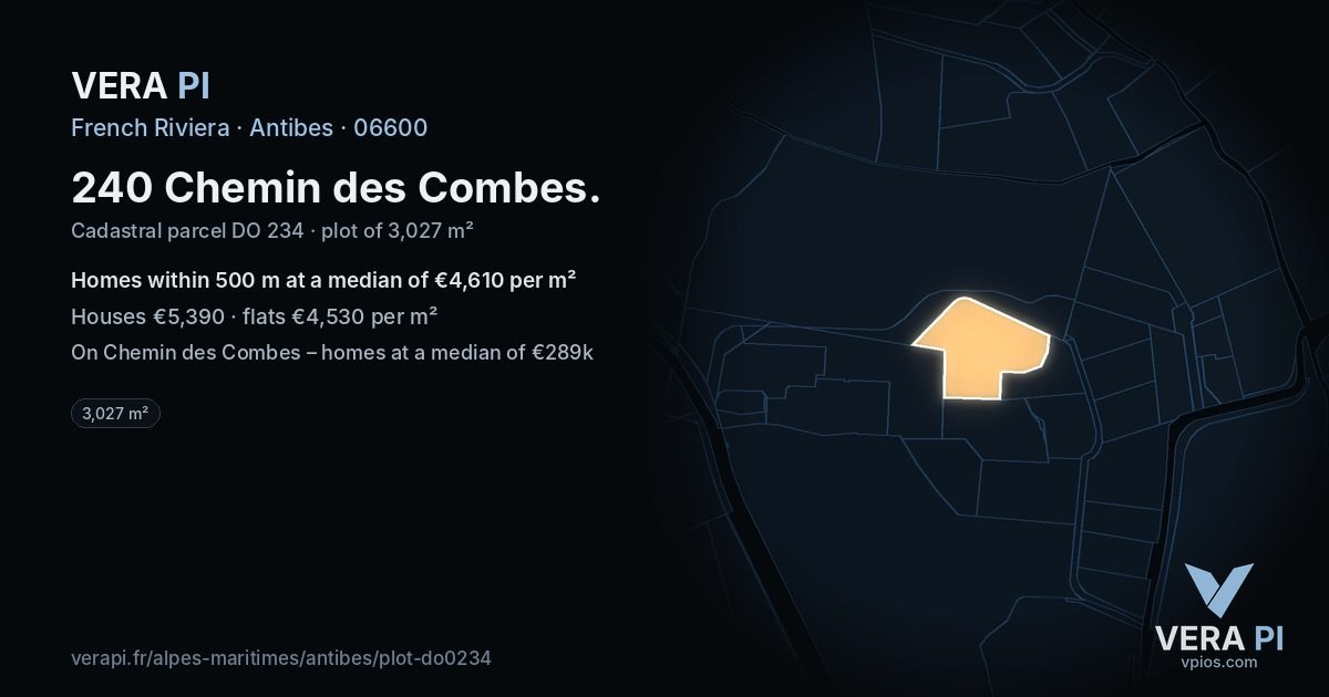 240 Chemin des Combes, Antibes at night – the plot lit, the parcels around coloured by the prices near them