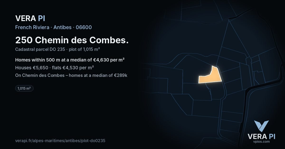250 Chemin des Combes, Antibes at night – the plot lit, the parcels around coloured by the prices near them