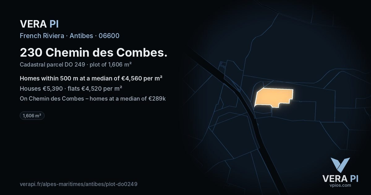 230 Chemin des Combes, Antibes at night – the plot lit, the parcels around coloured by the prices near them