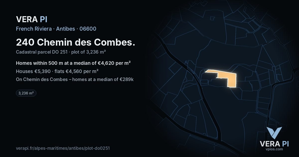 240 Chemin des Combes, Antibes at night – the plot lit, the parcels around coloured by the prices near them