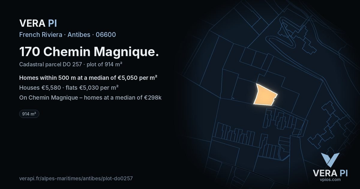 170 Chemin Magnique, Antibes at night – the plot lit, the parcels around coloured by the prices near them