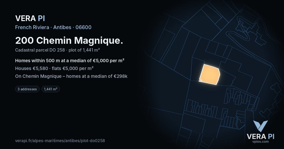 200 Chemin Magnique, Antibes at night – the plot lit, the parcels around coloured by the prices near them