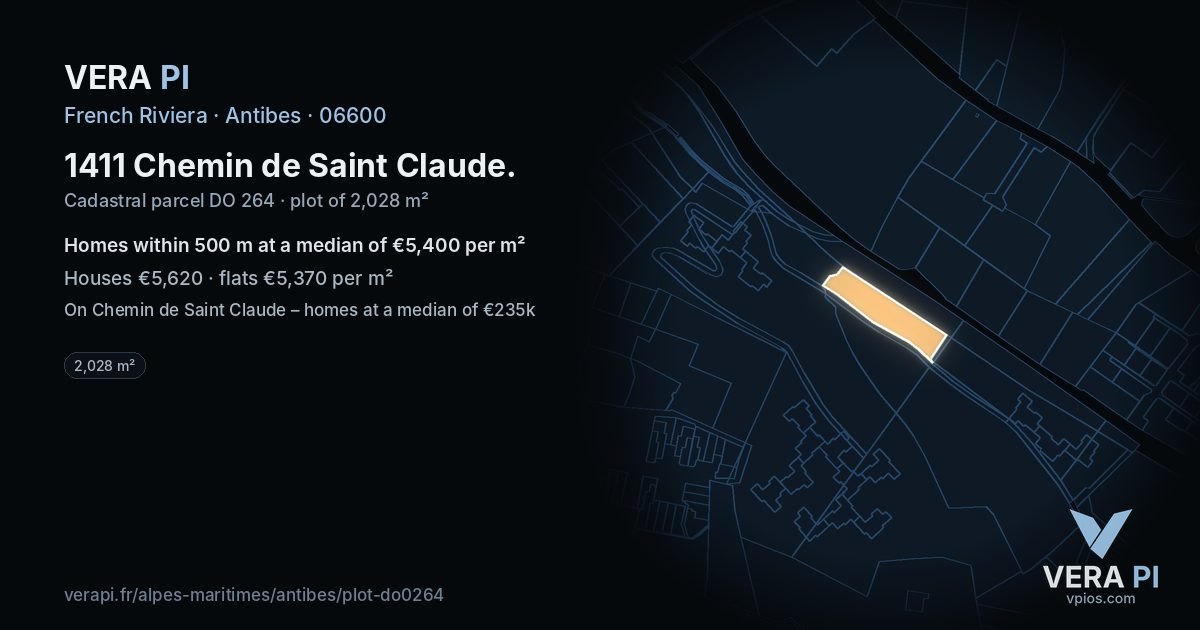 1411 Chemin de Saint Claude, Antibes at night – the plot lit, the parcels around coloured by the prices near them
