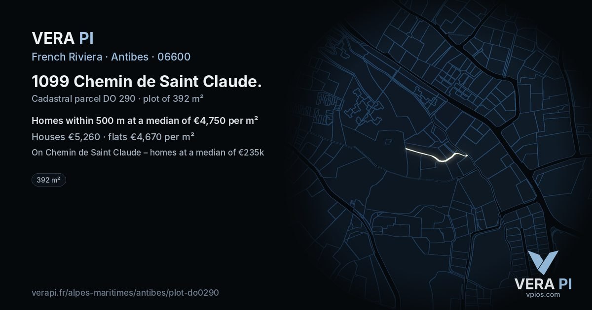 1099 Chemin de Saint Claude, Antibes at night – the plot lit, the parcels around coloured by the prices near them