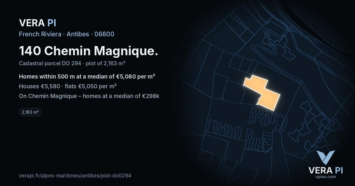 140 Chemin Magnique, Antibes at night – the plot lit, the parcels around coloured by the prices near them