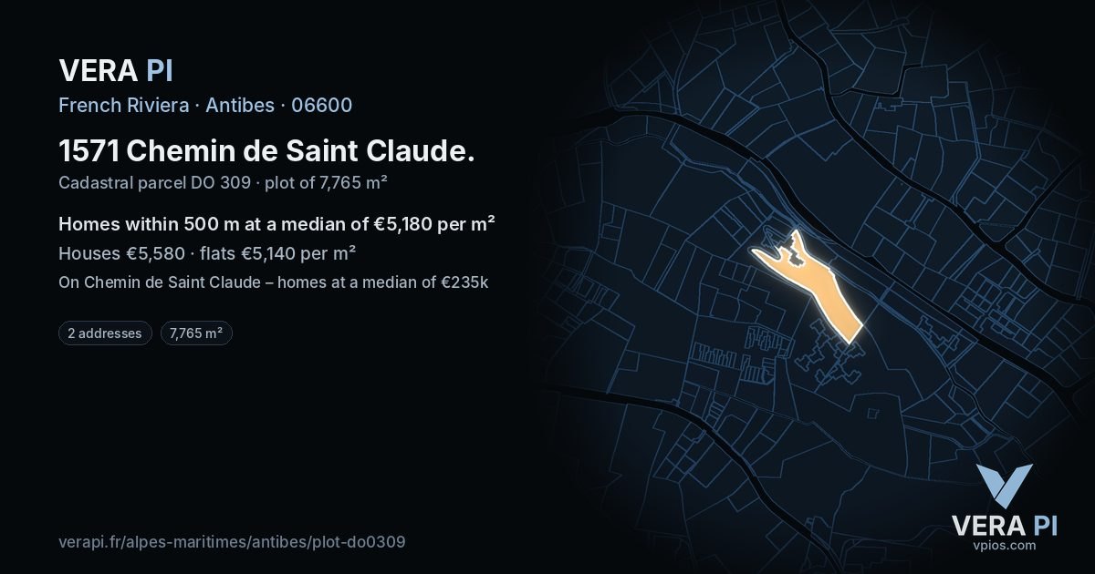 1571 Chemin de Saint Claude, Antibes at night – the plot lit, the parcels around coloured by the prices near them
