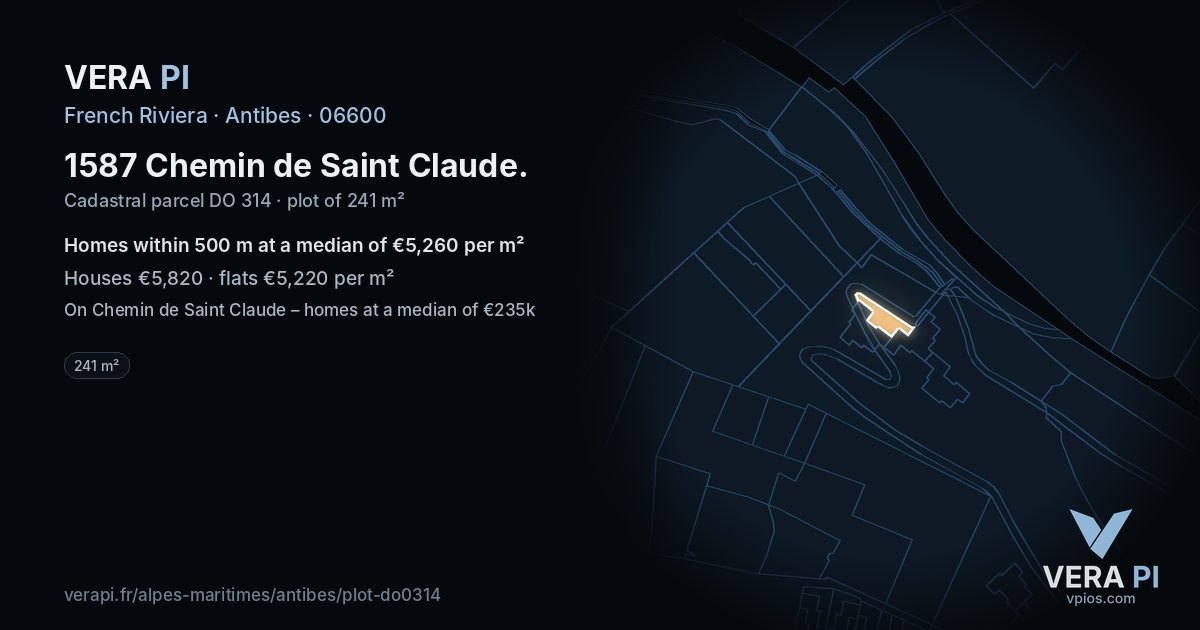 1587 Chemin de Saint Claude, Antibes at night – the plot lit, the parcels around coloured by the prices near them