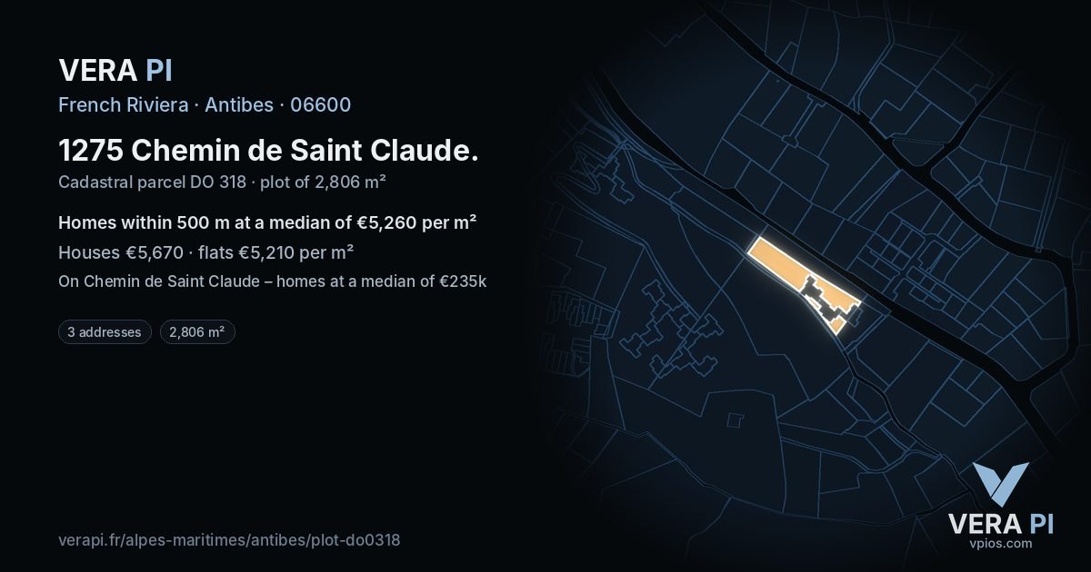 1275 Chemin de Saint Claude, Antibes at night – the plot lit, the parcels around coloured by the prices near them