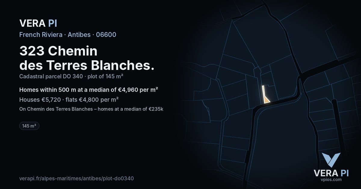 323 Chemin des Terres Blanches, Antibes at night – the plot lit, the parcels around coloured by the prices near them
