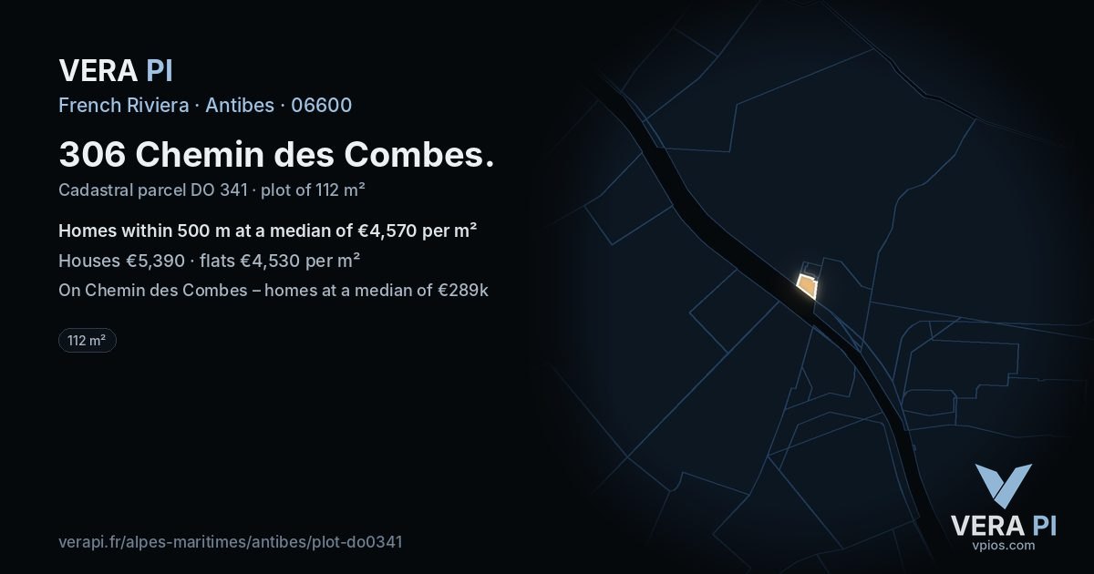 306 Chemin des Combes, Antibes at night – the plot lit, the parcels around coloured by the prices near them