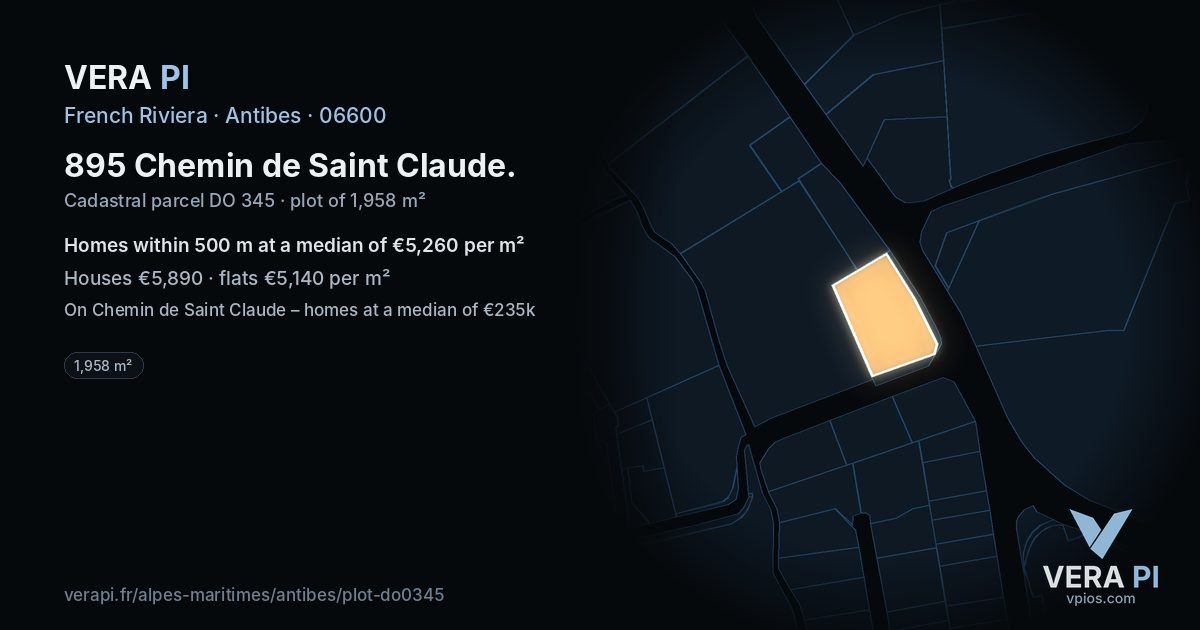 895 Chemin de Saint Claude, Antibes at night – the plot lit, the parcels around coloured by the prices near them