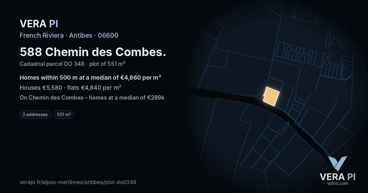 588 Chemin des Combes, Antibes at night – the plot lit, the parcels around coloured by the prices near them