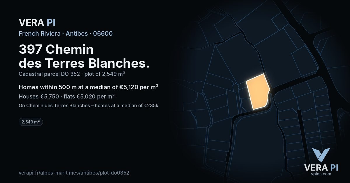 397 Chemin des Terres Blanches, Antibes at night – the plot lit, the parcels around coloured by the prices near them