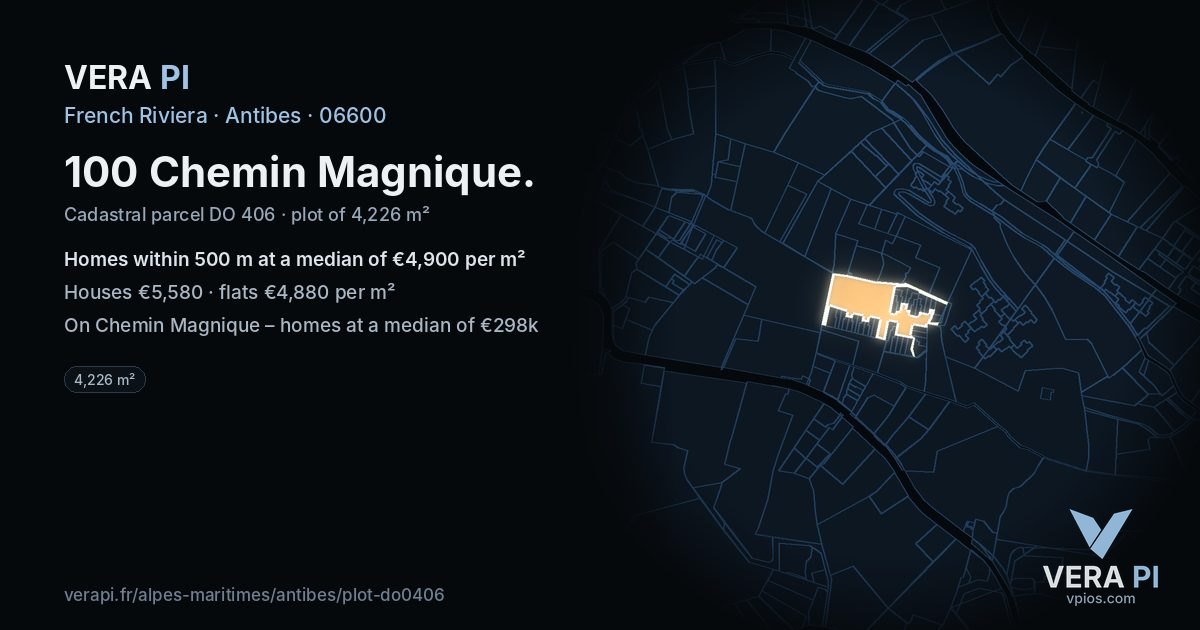 100 Chemin Magnique, Antibes at night – the plot lit, the parcels around coloured by the prices near them