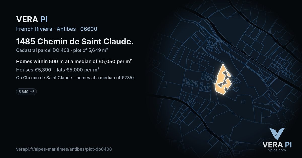 1485 Chemin de Saint Claude, Antibes at night – the plot lit, the parcels around coloured by the prices near them