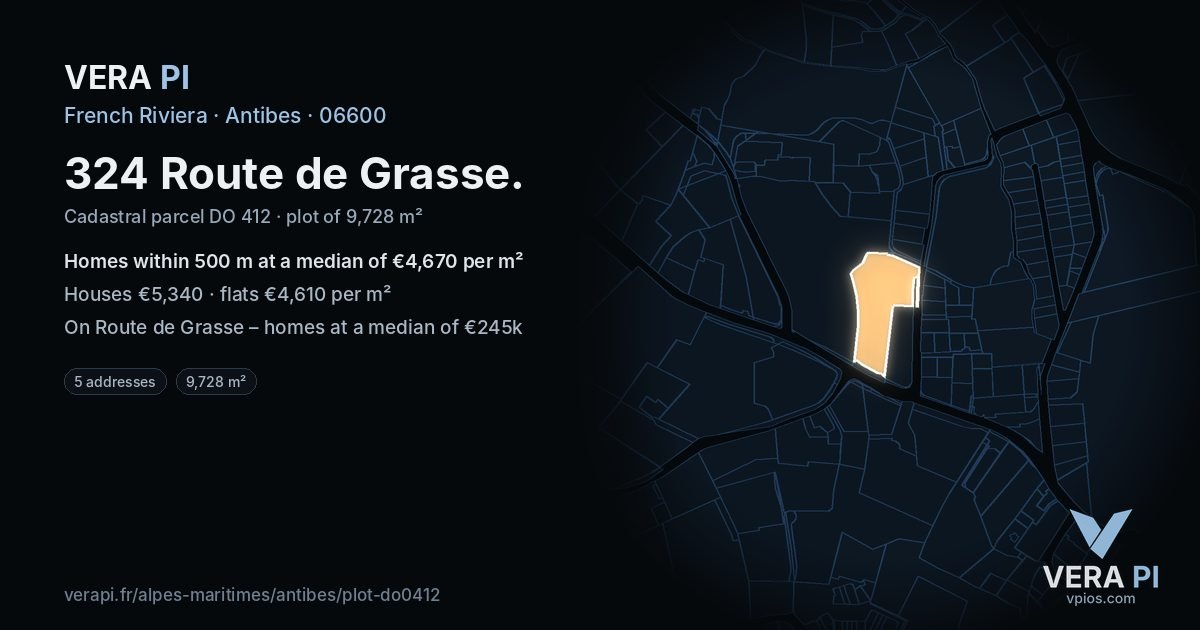 324 Route de Grasse, Antibes at night – the plot lit, the parcels around coloured by the prices near them