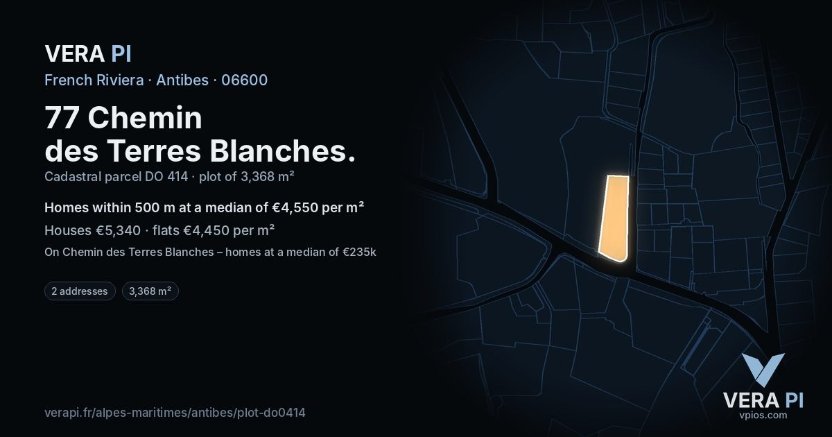 77 Chemin des Terres Blanches, Antibes at night – the plot lit, the parcels around coloured by the prices near them