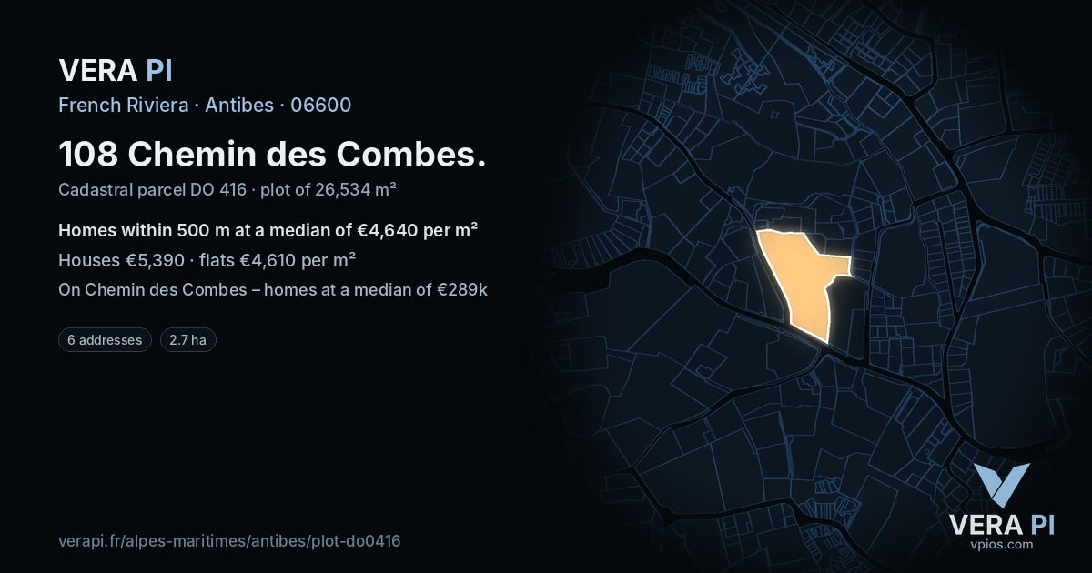 108 Chemin des Combes, Antibes at night – the plot lit, the parcels around coloured by the prices near them