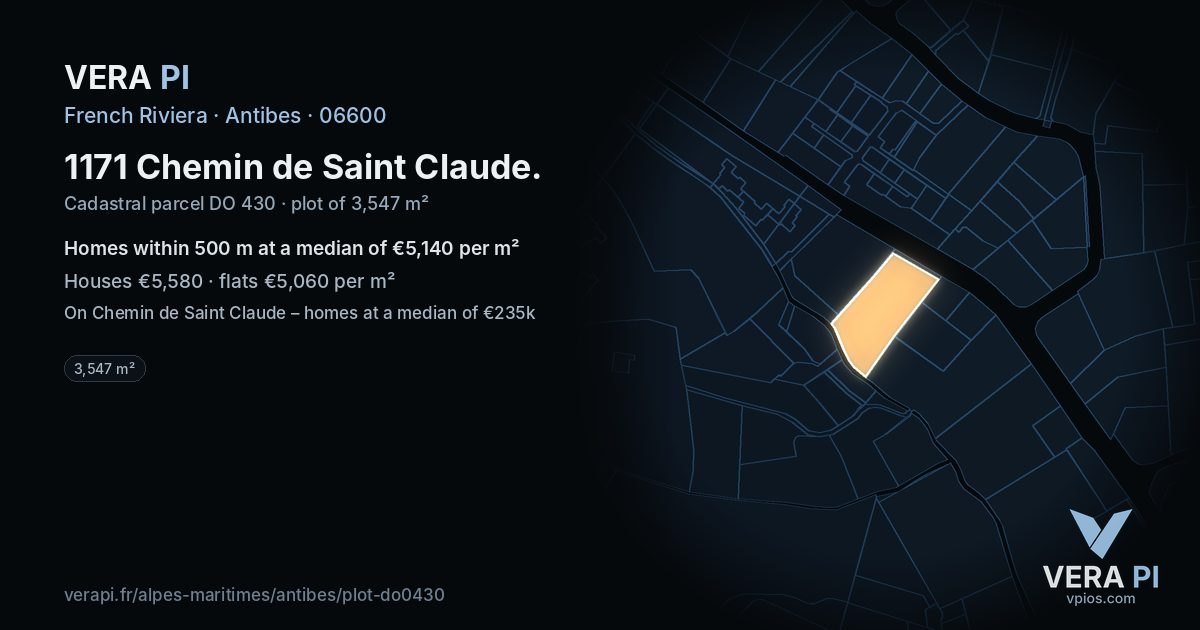 1171 Chemin de Saint Claude, Antibes at night – the plot lit, the parcels around coloured by the prices near them