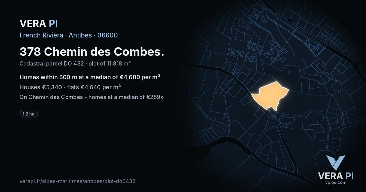 378 Chemin des Combes, Antibes at night – the plot lit, the parcels around coloured by the prices near them