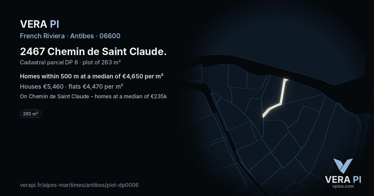 2467 Chemin de Saint Claude, Antibes at night – the plot lit, the parcels around coloured by the prices near them