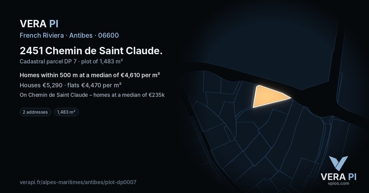 2451 Chemin de Saint Claude, Antibes at night – the plot lit, the parcels around coloured by the prices near them